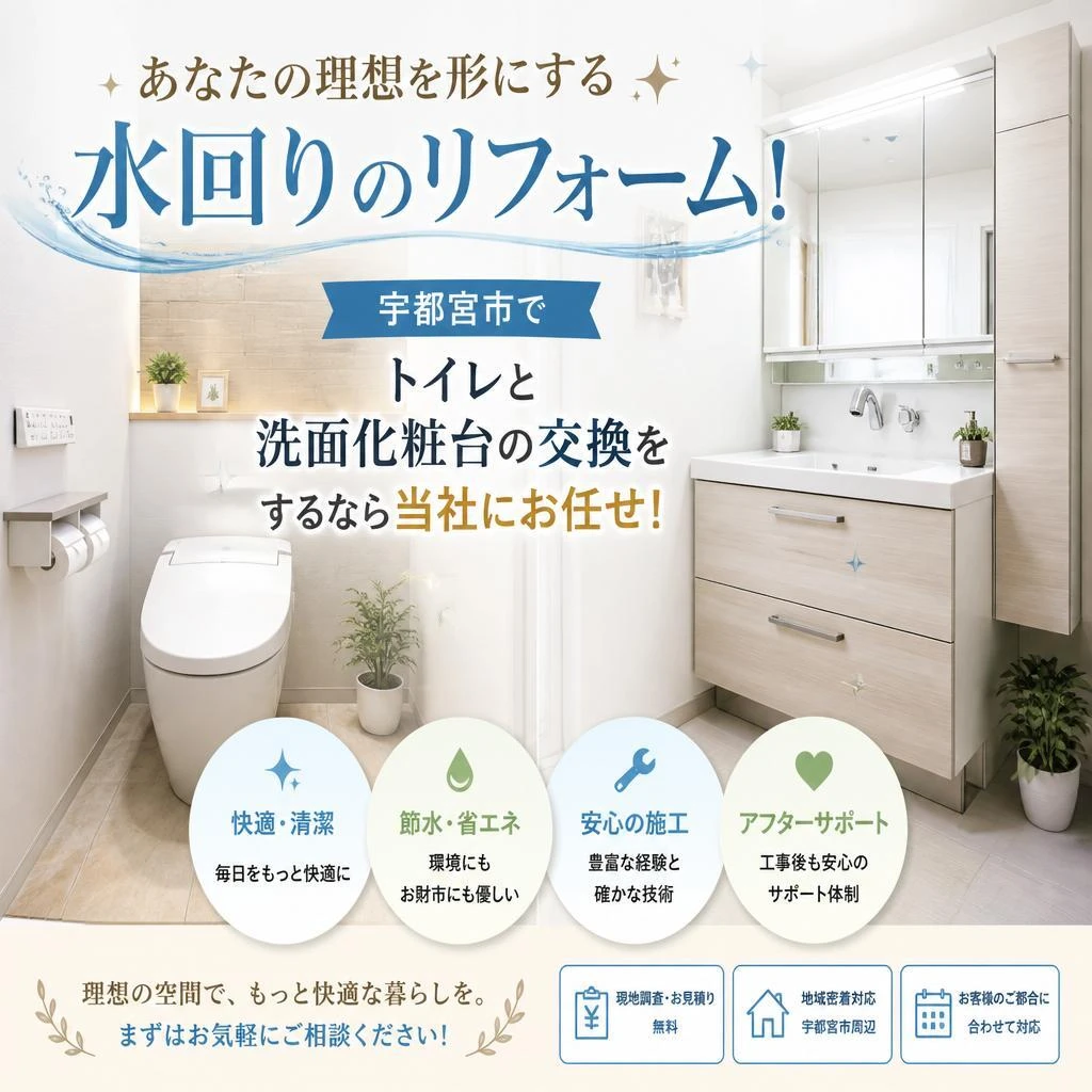 あなたの理想を形にする水回りのリフォーム！宇都宮市でトイレと洗面化粧台の交換をするなら当社にお任せ！